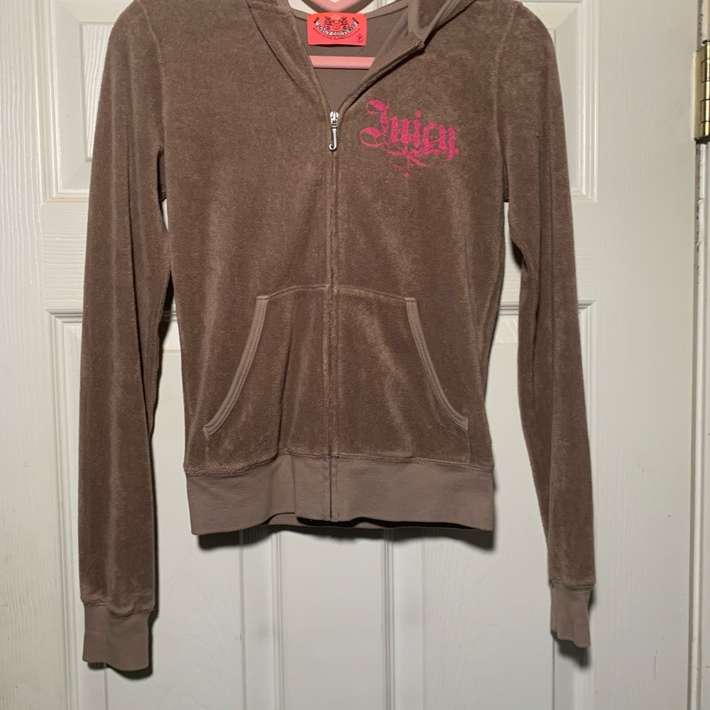 Juicy Couture Taupe Velour Hoodie with Pink Logo
